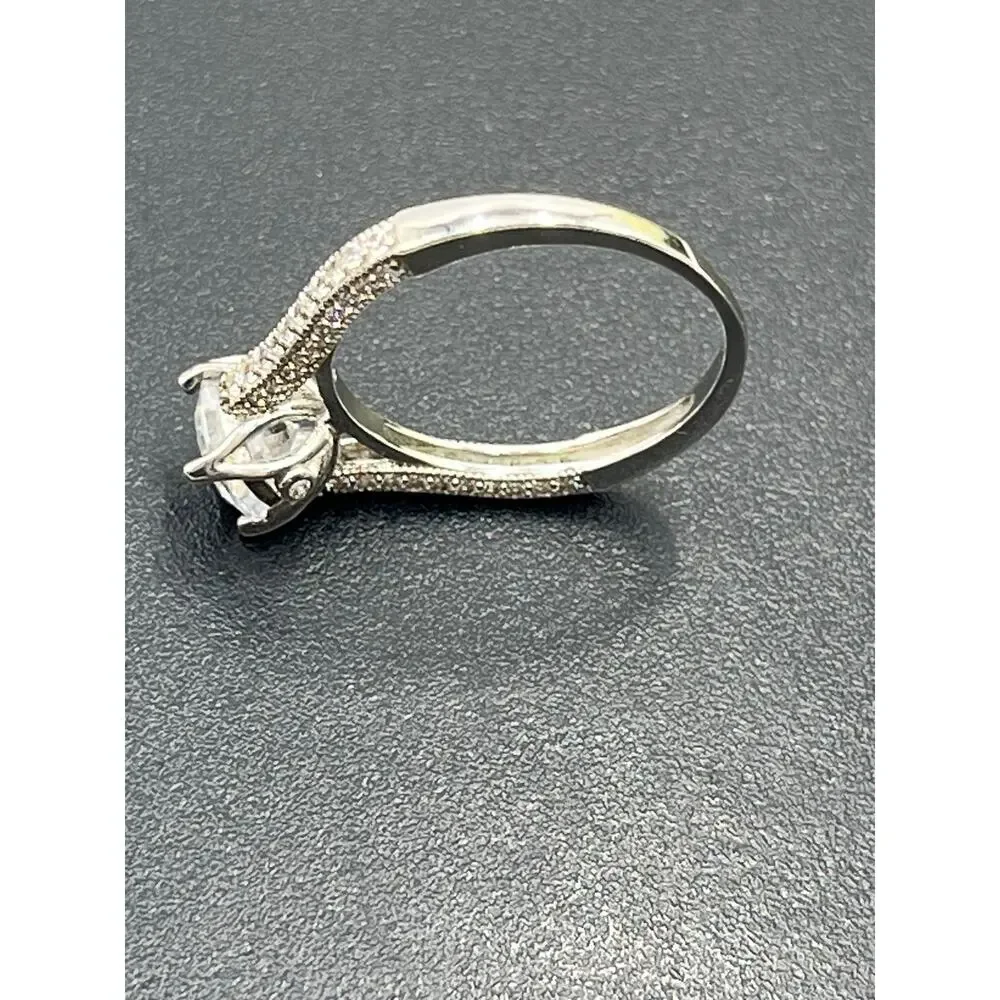 925 Sterling Silver Cathedral Solitaire Ring‎ 7mm Round CZ Pavé Accents Size 8